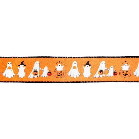 1.5" x 10yd. Orange Ghosts & Jack-o'-Lanterns Wired Ribbon by Celebrate It®
